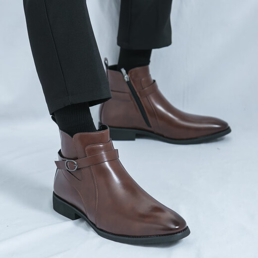 Spider King (ZHIZHUWANG) Broken Size Chelsea Boots Men's Martin Boots Business Casual British Sense High Top Hairstyle Middle Top Pointed Skin Shoes Men 9732 Brown 47
