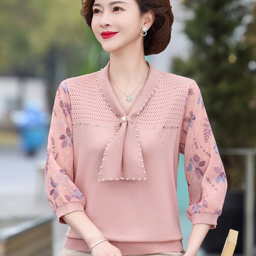 花花公子新款妈妈春装洋气纱袖针织恤薄款打底衫 蓝色6636 2XL (建议125-140斤)