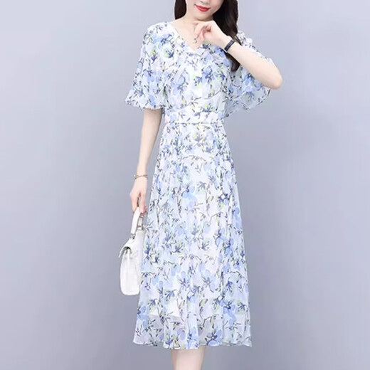 XAE奢侈高档品牌短袖连衣裙女2025夏季新款V领气质洋气雪纺碎花长裙 桔花 L