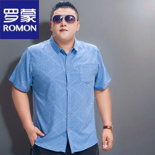 罗蒙（ROMON）短袖大码衬衫男加肥加大号男士棉衬衣宽松薄印花大码男装半袖肥佬 5155灰红 3XL (建议155-170斤) 卡码拍大一