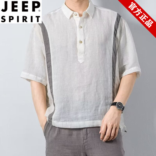 JEEP SPIRIT男士夏季休闲翻领纽扣POLO衫短袖五分中袖T恤男咖色撞色潮流上衣 693黑色 M 建议100-120斤