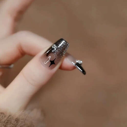 我的七天穿戴甲甲片批发中长款黑色蝴蝶结星星美甲贴成品假指甲贴 BY1047晶莹紫蝶 胶水款