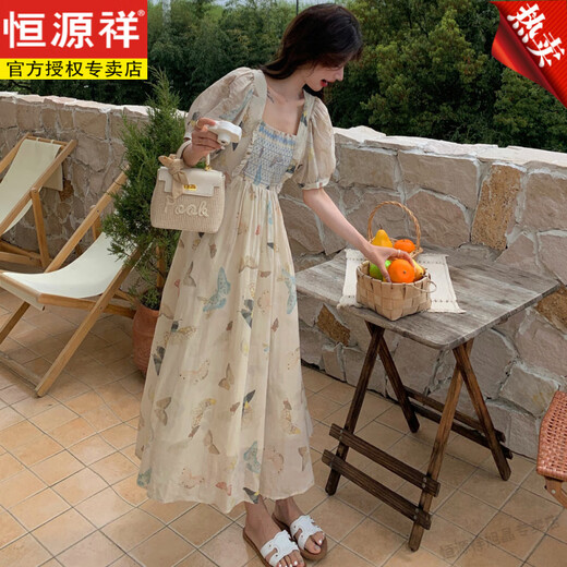 恒源祥甜美少女感打揽裙泡泡袖碎花连衣裙女夏2025新款小清新减龄茶歇裙 图片色 S 90-110斤