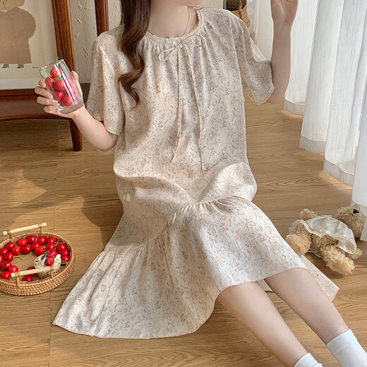 Victoria's style pajamas with chest pad for women in summer 2025 new loose and cute Korean style floral nightgown mid-length home clothing large size M16862 [with chest pad] M