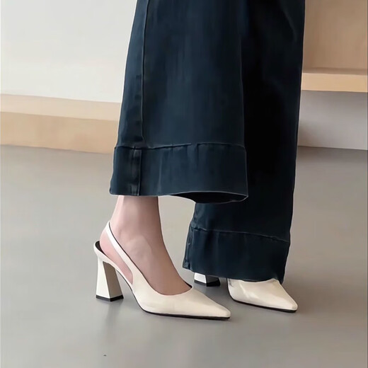 Lekali temperament high heels for women 2025 summer new French thick heel pointed toe sandals fashionable and versatile bag-toe single shoes beige 5cm card size large 38