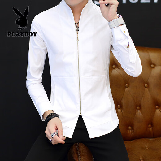 花花公子（PLAYBOY）男士衬衫长袖春秋唐装盘扣中式立领外套中国风休闲衬衣高级感男装 白色9905盘扣立 领衬衫 M