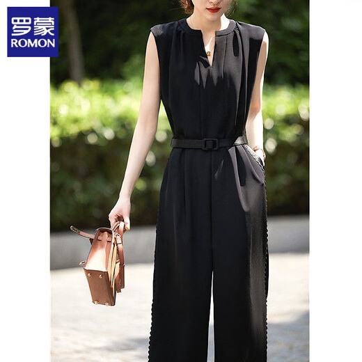 ROMON summer women's jumpsuits and versatile trendy casual pants loose and slimming new fashionable wide-leg pants sleeveless jumpsuits black jumpsuit S recommended 80-100 Jin [Jin equals 0.5 kg]