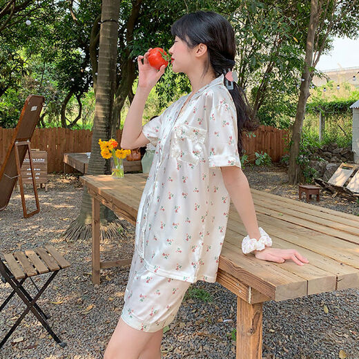欧伦黛ins新款碎花冰丝睡衣女夏季薄款小清新休闲少女家居服套装可外穿 套YFY9901【丝滑凉感型】 M 【建议80-100斤】