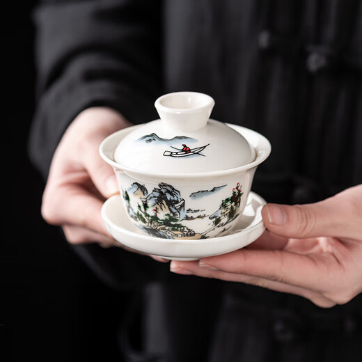 Sancai Gaiwan Kungfu Tea Set Blue and White Ceramic Home Tea Maker Complete Set Office Simple Tea Cup 10 Jade Porcelain-Blue and White Peony-Gaiwan Six Cups