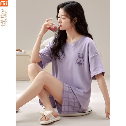 莫代尔睡衣女夏季2025年新款短袖套装自带胸垫一体薄款大码韩版可外穿 GXT1047 M (建议75-95斤)