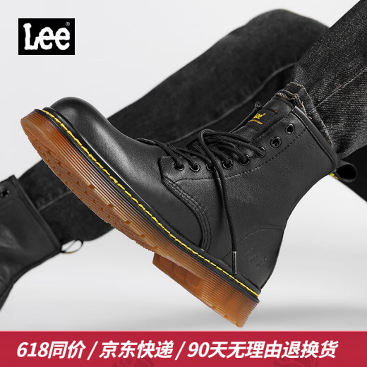 Lee【头层牛皮】马丁靴男高帮真皮靴子英伦风韩版皮靴黑色大码时装靴 黑色四季款 L214UE029 41 【偏大/请拍小一码】