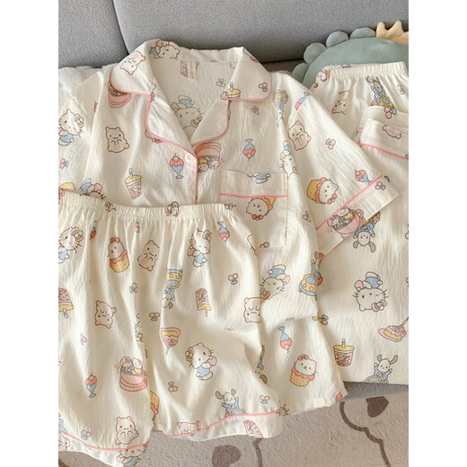 
Arctic velvet 2025 new helloKitty pure cotton gauze pajamas for women in spring and summer short-sleeved cute three-piece set home clothes Yunduo Cotton-J9901# Paradise Puppy Three-piece Set M [Suggested 75-100Jin [Jin equals 0.5 kg]]