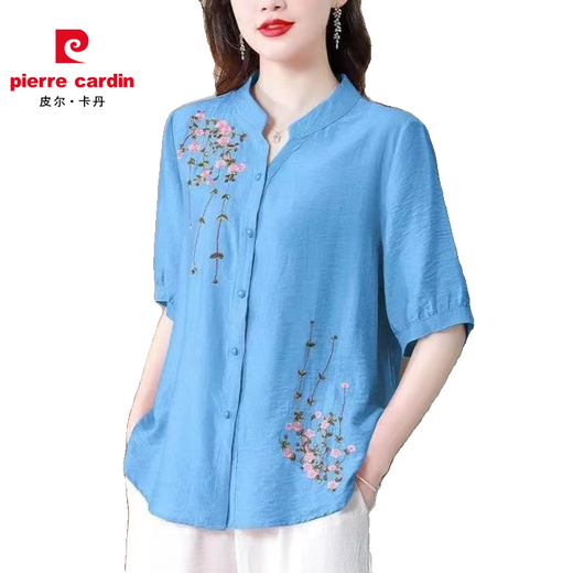 皮尔卡丹夏季中袖棉麻上衣女2025新款国风刺绣女士衬衫妈妈装宽松亚麻小衫 黄色-694 M 【约108斤内】