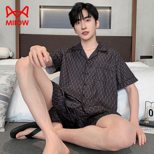Cat men pajamas men ice silk summer new comfortable cardigan short-sleeved casual simple men's home clothing suit can be worn outside QY-YMD6626-Set-Men L suitable for 110-130Jin [Jin equals 0.5 kg]