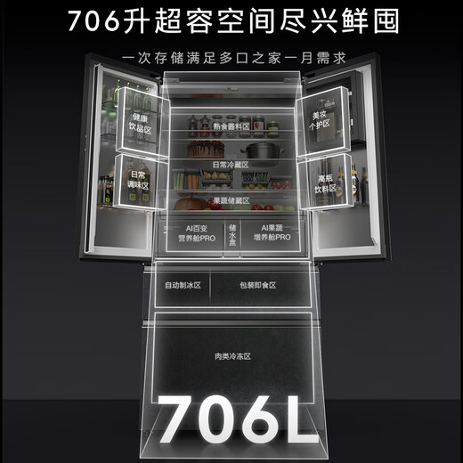 COLMO706L French four-door 703L cross-shaped four-door super-capacity fully embedded antibacterial, odor-free and fresh-keeping automatic ice-making household smart large refrigerator The store manager recommends 706L French four-door-Lava Mantle Rock