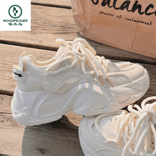 Woodpecker Daddy Shoes for Women in Spring and Summer 2025 New Breathable Mesh with Wide Legs Shoes Thick Sole Small White Shoes Sports Shoes 9905-3 Beige 35