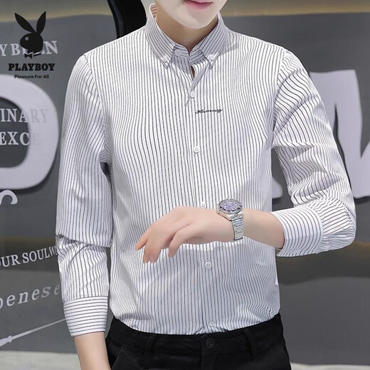 花花公子（PLAYBOY）长袖衬衫男士春秋款感修身条纹白衬衣秋季上衣服休闲帅气寸衫 829黑色 花花公子正品 M
