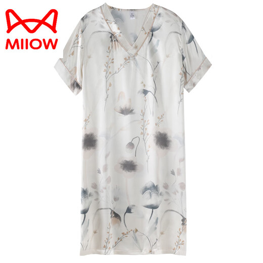 猫人（MiiOW）睡裙女夏季冰丝短袖睡衣裙子薄款夏天中年妈妈夏款仿真丝绸连衣裙 9928 M
