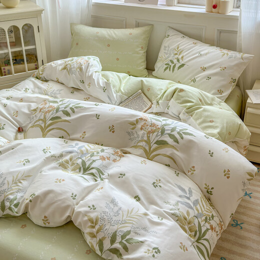 Mercury series small fresh 80 count pure cotton bed four-piece set 100% cotton bedding floral quilt cover dormitory bed sheet three-piece fitted sheet style dense leaf fitted sheet style 1.8m four-piece set