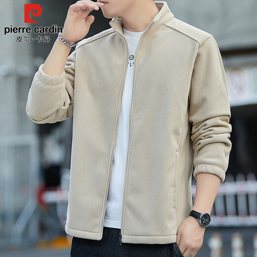 Pierre Cardin Jacket Men's Autumn and Winter Fleece Jacket Men's Stand Collar Solid Color Polar Fleece Warm Men's Khaki XL