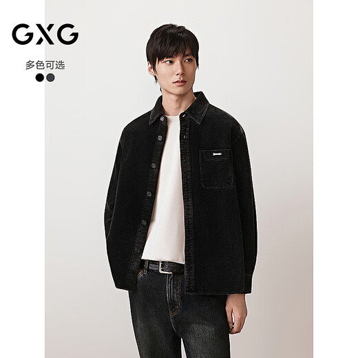 GXG Men's Corduroy Two-tone Shirt Commuting Long-Sleeved Shirt Texture Gradient Jacket 2025 Autumn New Black XL