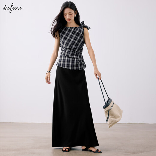 
Eifli (eifini) Eifli sleeveless checked right shoulder strap waist pleated slim shirt small top for women 2025 summer new style Navy M