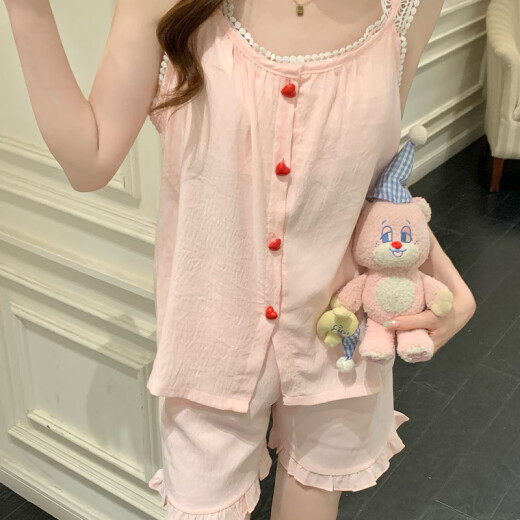 梦鸾吊带背心睡衣女夏季带胸垫2025新款蕾丝花边公主风甜美家居服套装 9226FE 爱心纽扣 粉色 M