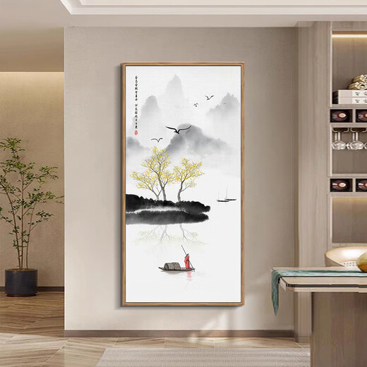 Zilang Zen decorative painting new Chinese style hanging painting entrance vertical mural hotel tea room corridor aisle wall ink landscape painting 03-autumn 70*140 wood grain yellow frame (PS frame + canvas)