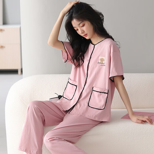 诸禄凉感莫代尔睡衣女夏季短袖长裤春秋薄款套头大码家居服女夏款套装 HN761 M 女-