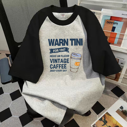 Metersbonwe pure cotton short-sleeved T-shirt men's summer American retro raboss sleeve top color-blocking loose versatile couple half-sleeved T-shirt P55-light gray paired navy blue-[C694] S 60-80Jin[Jin equals 0.5 kg]