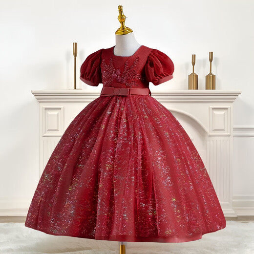 Luobo Beibei 2026 Girls Dress Blue Long Dress Children's Princess Dress Wedding Host New Year's Greetings Red 120