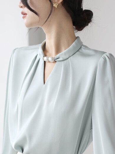 
ROMON French niche stand collar shirt women's hall room clothes 2025 spring and autumn satin temperament commuting professional top water blue M