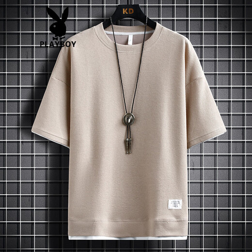 Playboy (PLAYBOY) Men's T-shirt Short Sleeve Summer New Fashion Fake Two-Piece Round Neck Loose Half Sleeve T-shirt Waffle Casual Top 3880 Orange M