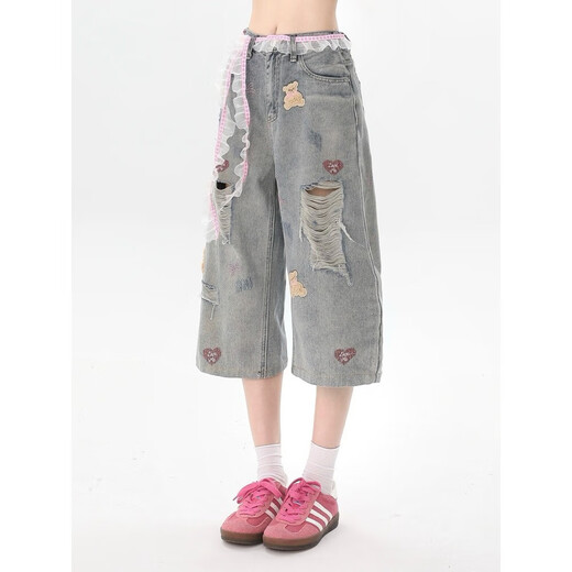 Washed and used ripped bear embroidered high-quality jeans 2025 new high-waist loose wide-leg cropped pants Light blue (high-quality quality) 2XL