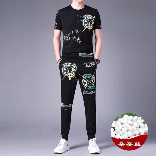 JEEP SPIRIT casual suit men's summer short-sleeved mulberry silkworm ice silk handsome match with Korean style fashion print trend 9227 black M 165