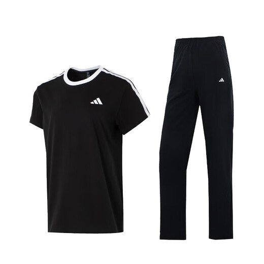 阿迪达斯 （adidas）女装运动套装 2025夏季健身跑步训练T恤透气短袖直筒长裤两件套 两件套/休闲简约 XL