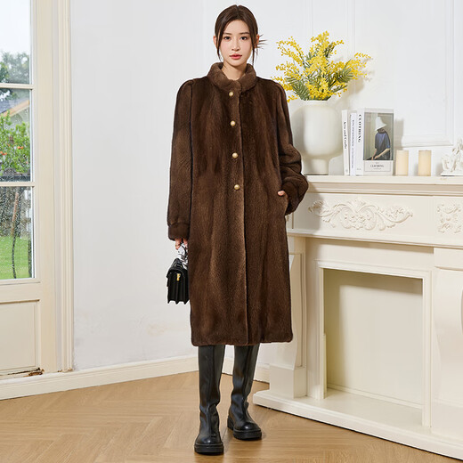 
Winter home brand fur 2025 new imported mink coat for women, whole mink over knee long mink fur coat stand collar, brown L 120Jin [Jin equals 0.5 kg] below