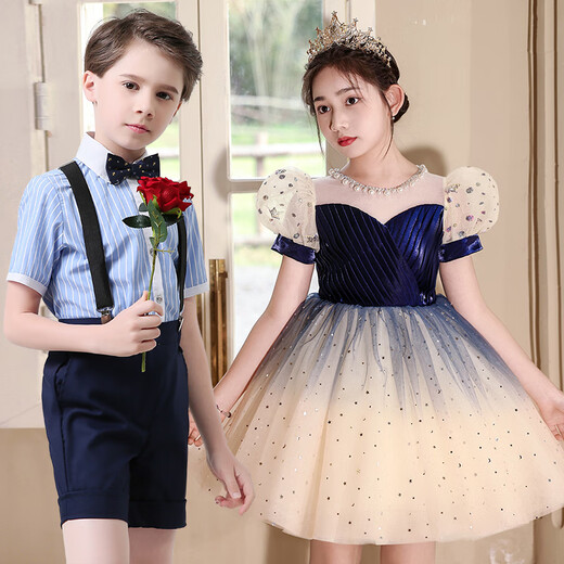 Children's Chorus Performance Clothes for Primary and Secondary Schools, Piano Recitation Dress, Kindergarten Performance Clothes, Girls' Puff Skirt, White Short Sleeves + Ju Ge Shorts + 55-4 Strap + Ju Ge 180 cm