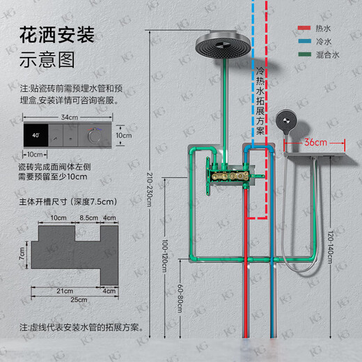 KG Shine-Rain Dusche eingebettet in den Wandtyp Hidden Hidden Embedded Embedded Copper Integrated Hot Melt Digitale Display Dusche Komplettset [Gun Grey KS701] Digitale Anzeigetemperatur + Speicherplattform KG KG