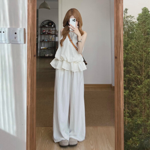 蝶娇诺（DIEJIAONUO）休闲裤女装夏季2025新款韩系氛围感甜辣妹甜美显瘦奶乖穿搭女套装 上衣+阔腿裤 S