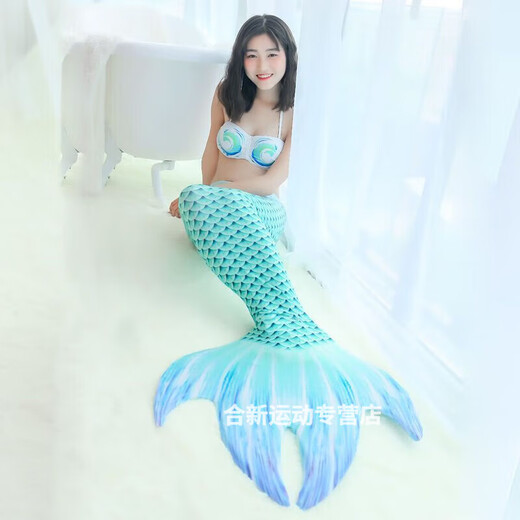 戎美丹尼美人鱼尾巴男女分体比基尼泳衣脚蹼儿童成人亲子度假摄影温泉服装 蓝色单鱼尾 L码建议身高160-165CM