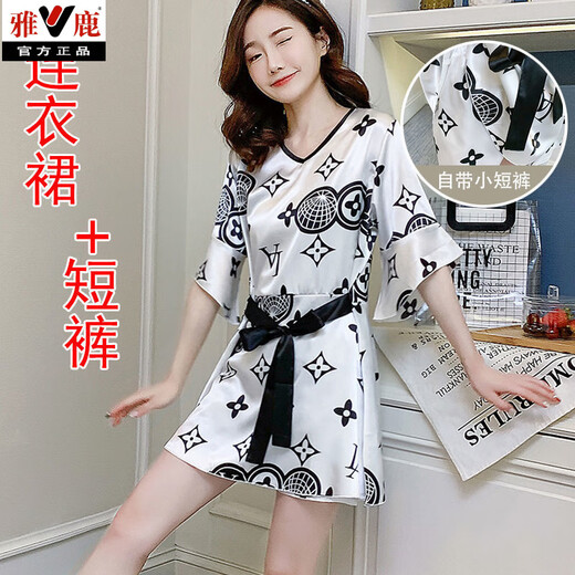 雅鹿网红大码200斤胖妹百搭冰丝睡裙女夏季薄款日式和服睡衣两件套装 1278白色圆圈字母【连衣裙+短裤 M 【80-95斤】