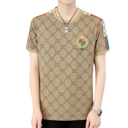 DVHNMK Luxusmarke Herren Eisseide kurzärmeliges T-Shirt für Herren Sommermode lässige dünne antibakterielle runde Hals freies Eisen-T-Shirt Kaffee m