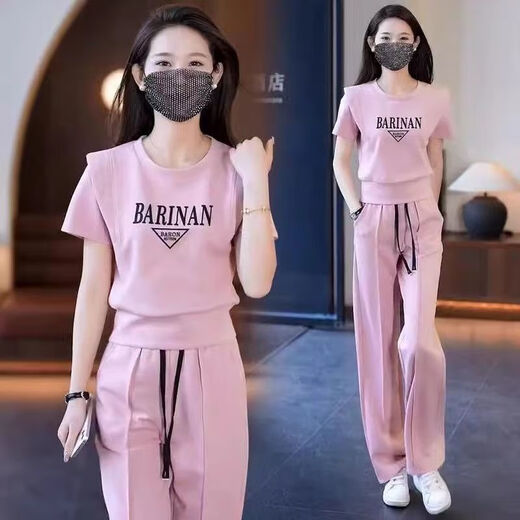 UKUHPK时尚运动服套装女夏季2025休闲减龄洋气女士圆领卫衣两件套潮 844杏色套装 M 【建议100斤内】