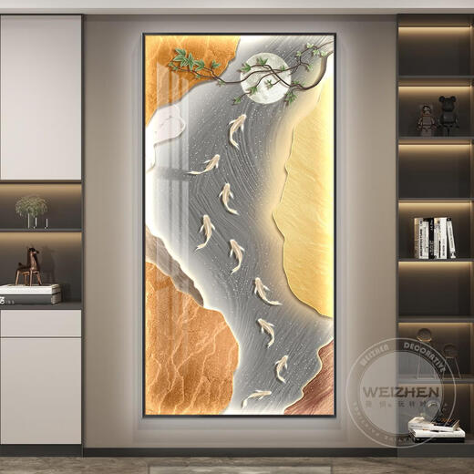 Drei Hektar großer Tiger mit Lichtern und neun Fischbildern Eingangshalle Dekorative Gemälde vertikaler Version Korridor Hängende Gemälde Einfache moderne HJ-6625 80*160 kalte weiße Lichtlampe Stil