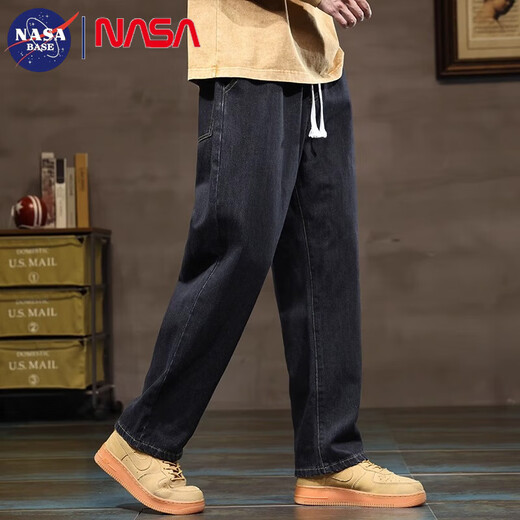 NASA BASE牛仔裤男秋冬加绒男士2025新款弹力潮款男裤宽松直筒休闲阔腿裤子 黑灰 L （建议110-125斤）