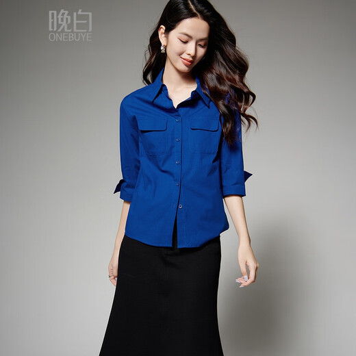Late White New Product Klein Blue 100% Cotton Shirt Women's 2025 Autumn Commuting Style Mid-Sleeve Top Dark Blue S