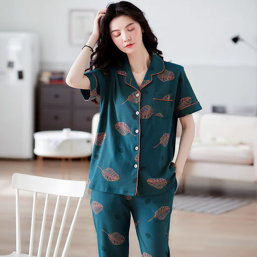 Yalu pajamas for women in summer thin loose large size mother short-sleeved trousers large size home clothing set Q9923 pill bag return M (weight 90-105 Jin [Jin equals 0.5 kg] can be worn)