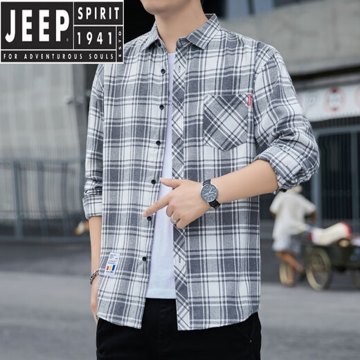 JEEP SPIRIT美式格子衬衫男款2025夏季日系衬衣夏天长袖薄款防晒外套上衣服潮 K12108白色+K12108灰色 M