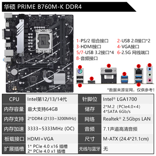 华硕（ASUS）13代CPU主板 i5 13490f 13600kf盒装 散片 板U套装 i513400f B760M-K DDR4 i5-13490F盒装【三年联保】